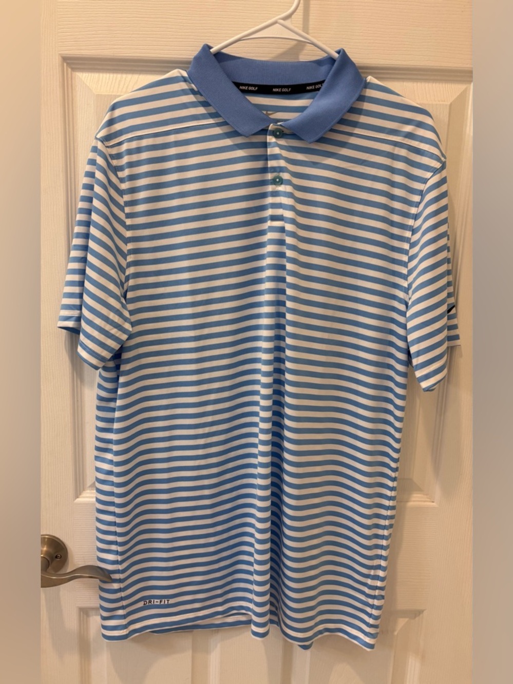 Nike Golf Dri Fit Light Blue and White Striped Polo